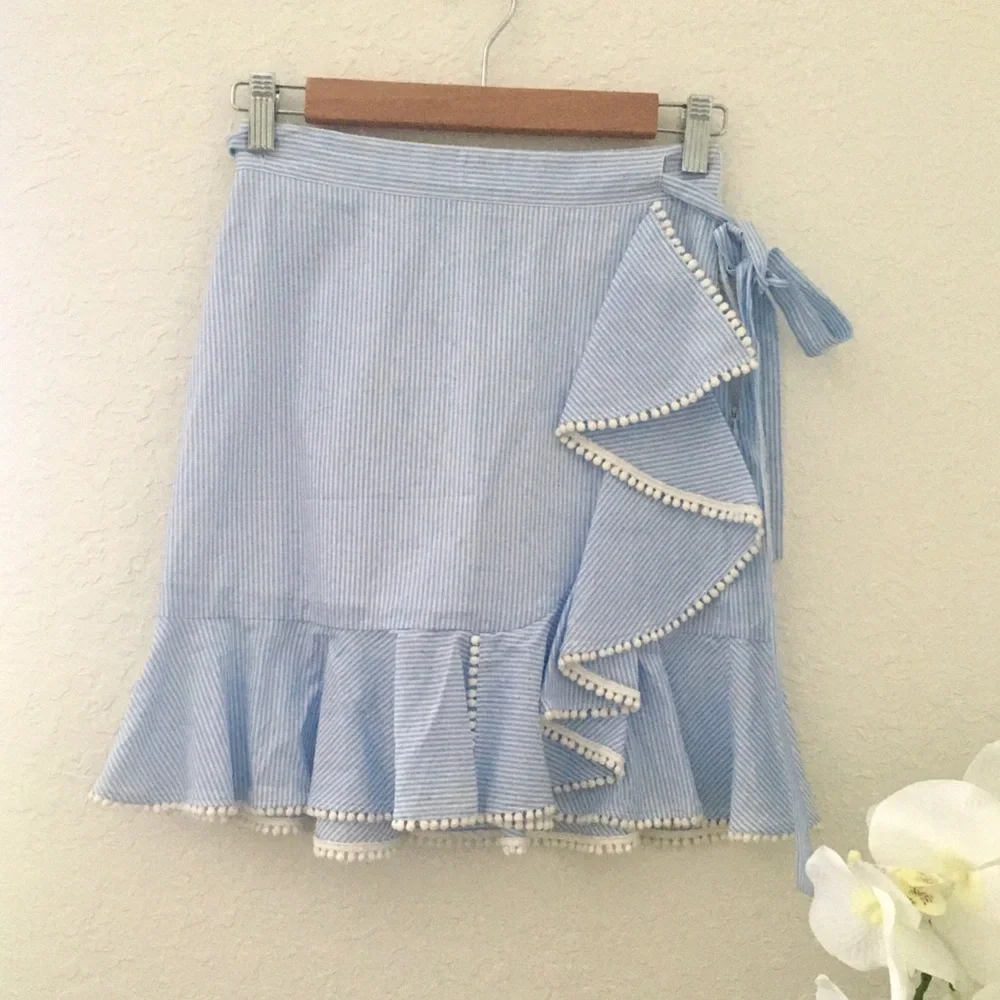 NWT Aqua Blue White Pinstriped Ruffle Skirt